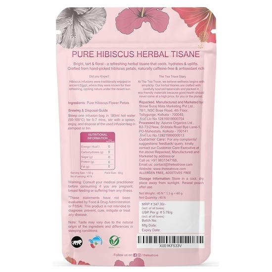 the tea trove Organic Hibiscus Tea Leaves Bags - 40 Eco-Friendly Hibiscus Flower Tea Bags In Resealable Pouch - Caffeine Free | Pack Of 1, 60 Grams