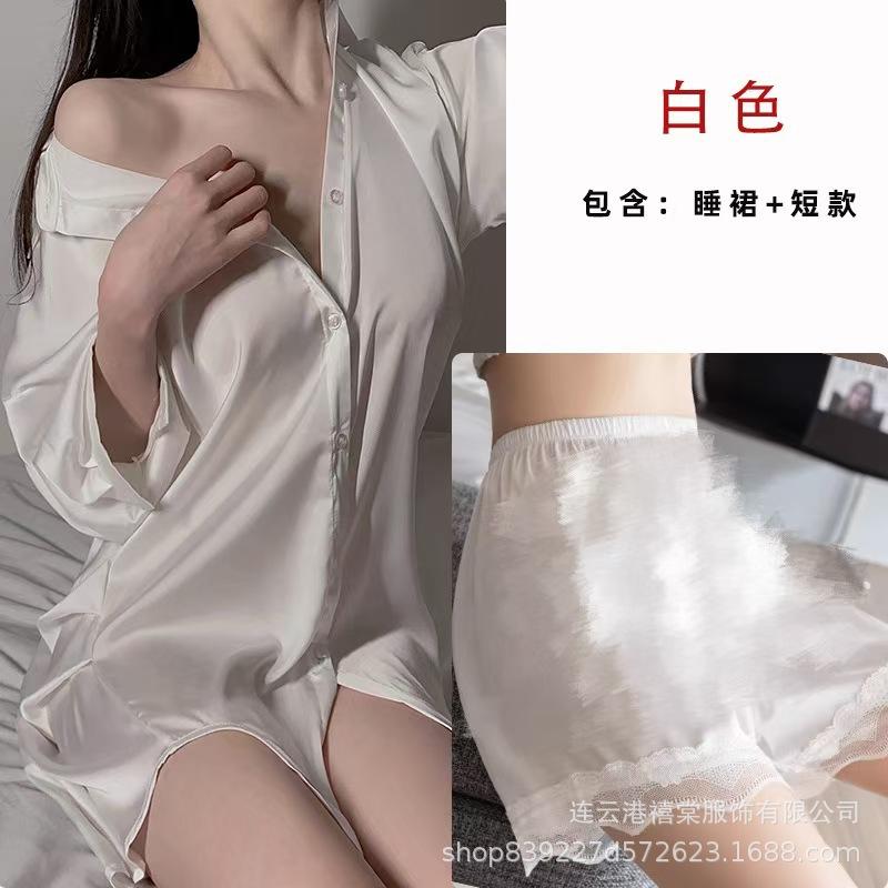 Boyfriend style shirt sexy pajamas women's spring and summer ice silk pure desire thin nightdress loose large size loungewear set