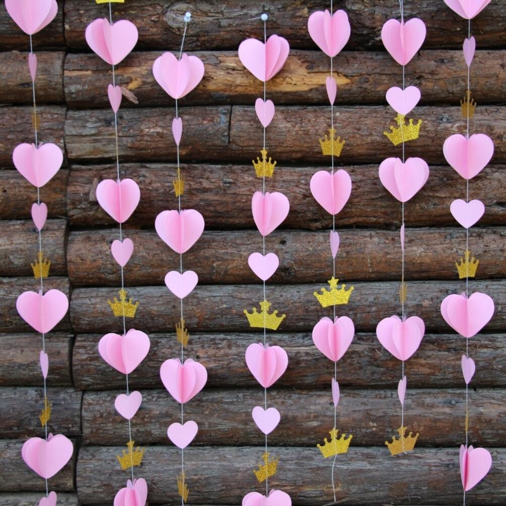 Gold Pink 3D Paper Heart Crown Garland Girl Princess Birthday Party Nursery Room Decor Balloon Tail Pack of 5