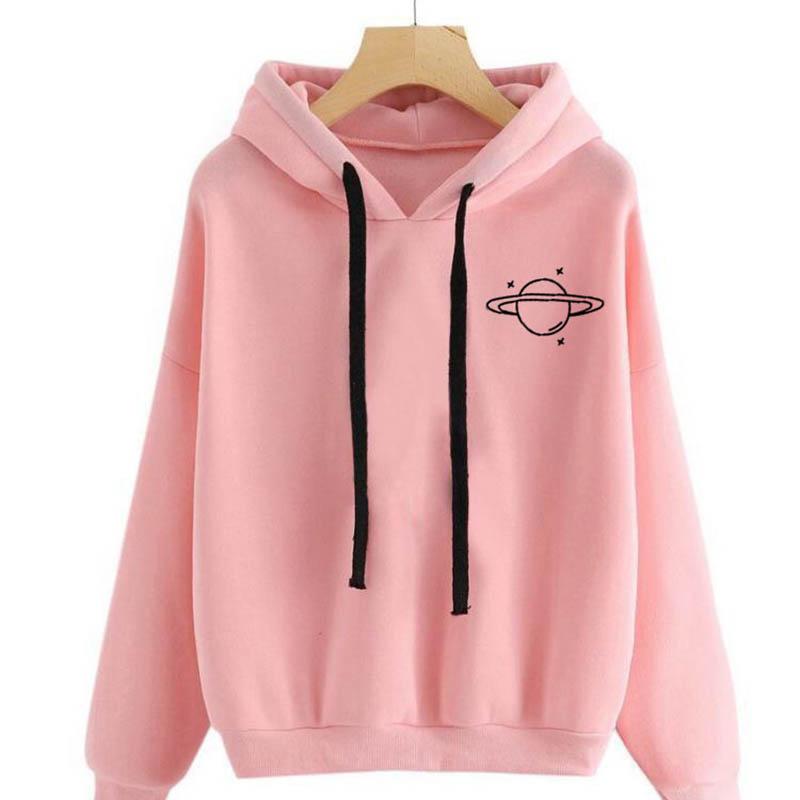 Women Sweatshirt Winter High Quality Print Long Sleeve Loose Sweatshirt Casual Hooded Drawstring Sweatshirt Women s Clothing S розовый