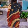 Women Plus Size V Neck Long Sleeve White Red Blue Printed Fitted Dress