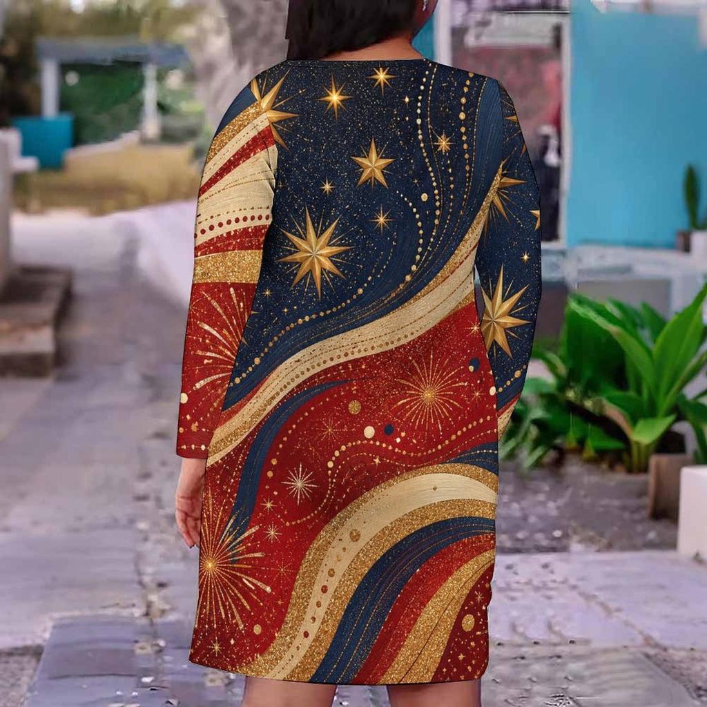 Women Plus Size V Neck Long Sleeve White Red Blue Printed Fitted Dress
