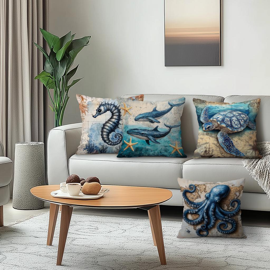 4Pcs/Set Marine Animal Decor Cushions Pillowcase Polyester Cushion Cover Throw Pillow Pillowcover Home Car Sofa Decor