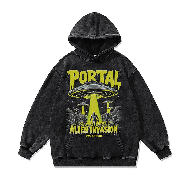 American High Street Retro Hooded Sweater Autumn And Winter Cartoon Digital Direct Injection Printing Washed Hoodie Men
