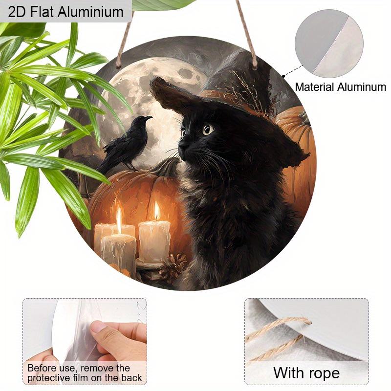 2D Flat Aluminium Halloween Sign with Black Cat Pattern - Halloween Figurine Ornaments - Ideal for Front Door, Wall, Porch, Window Decor - Ideal