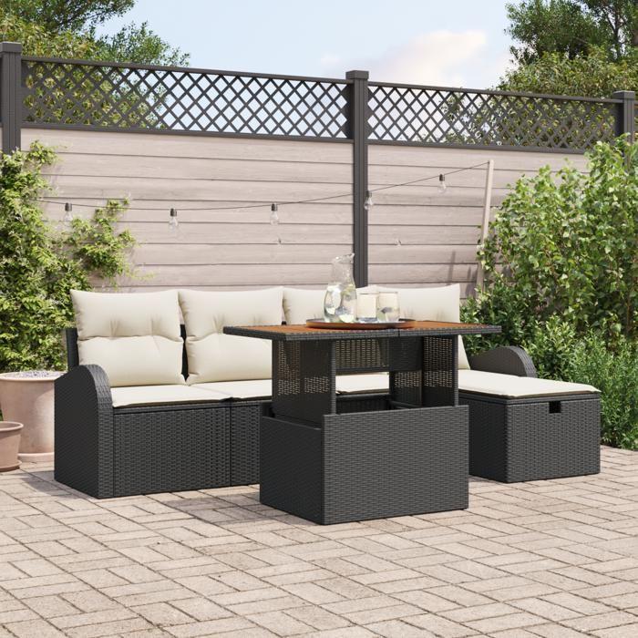 Ensemble de Canapé de Jardin 6 Pièces avec Coussins Noir Rattan Poly, Canapé de Jardin 2 Places avec Rangement &amp; Coussins 3361292