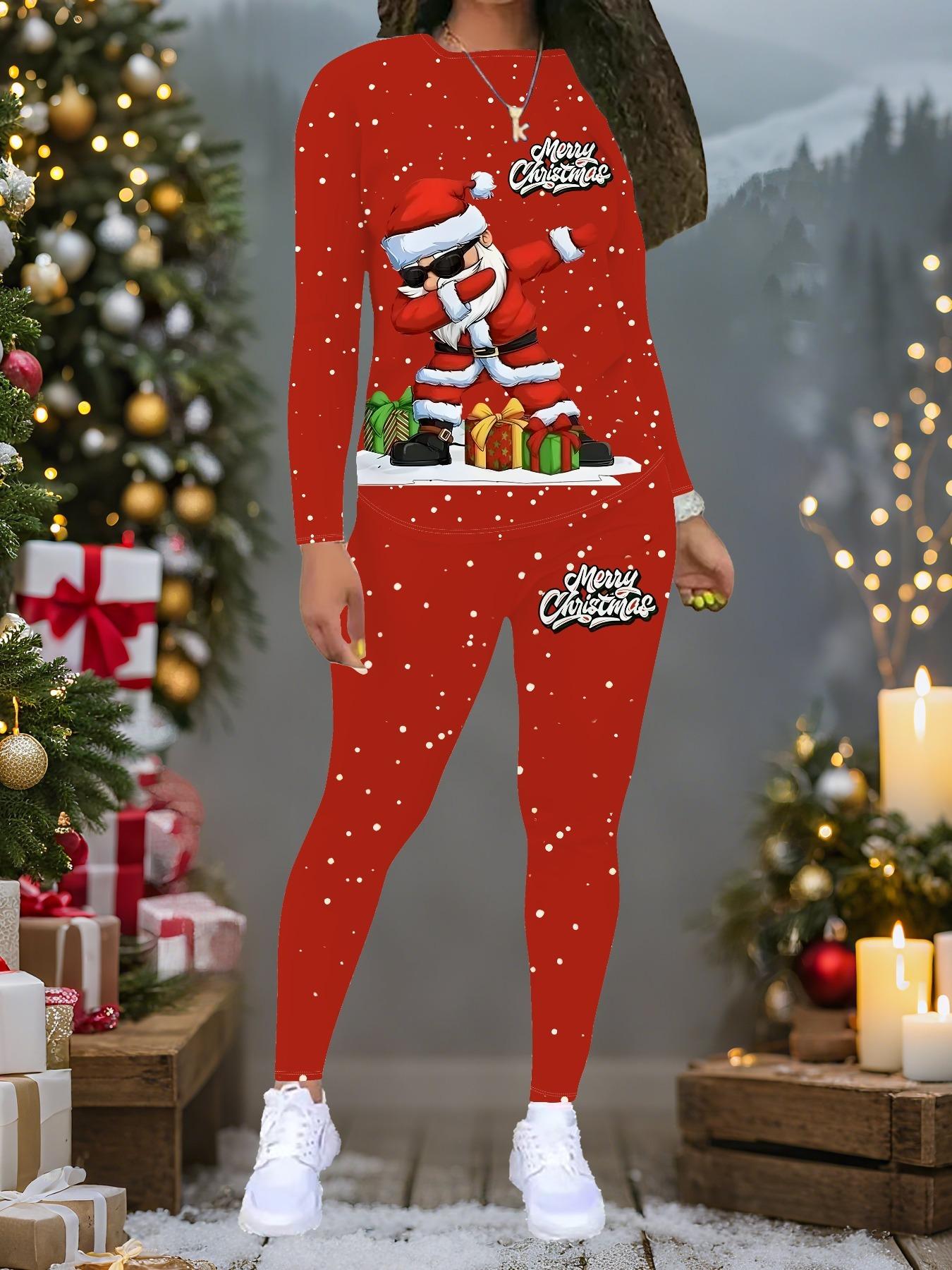 

Женский рождественский костюм-двойка с принтом: Топ с длинным рукавом и круглым вырезом и брюки, праздничный лимитированный повседневный костюм для вечеринки в подарок XXL красный
