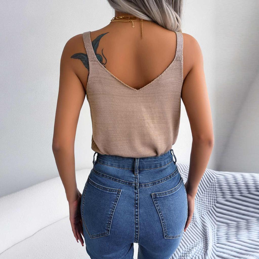 Dámský elegantní a módní design ležérní kovová přezka výstřih do V dutý dovolenkový top