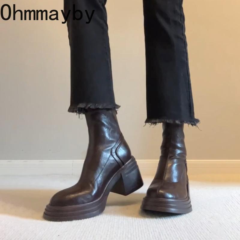 Winter Platform Thick Heels Women Ankle Fashion Short Plush Female Retro Slim Booties De Muje for Adult Women