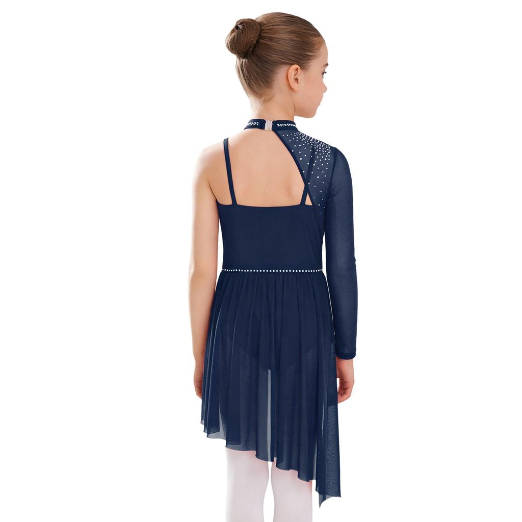 Children’s Dance Dress One Shoulder Long Sleeve Mesh Patchwork Spaghetti Straps Irregular Hem Asymmetrical Style for Lyrical Routine
