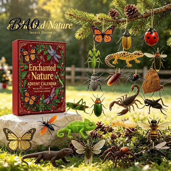 Unique Unboxing Experience 24-Day Christmas Countdown Calendar Box with 24 Insect And Reptile Acrylic Ornaments, 2D Creative Holiday Gifts Flat Animal