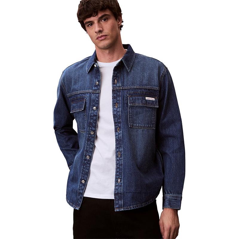 Calvin Klein American Vintage Minimalist Label Patch Pocket Cotton Linen Blend Denim Shirt Men shirts 4RF904G