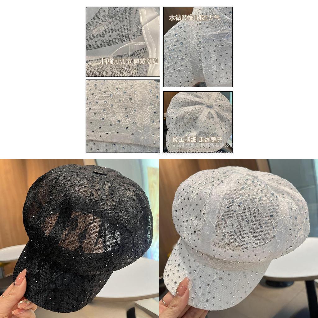 Sommer Spitzen-Netz-Sonnenhut mit Strasssteinen für Damen Modischer Retro-Sonnenschutz