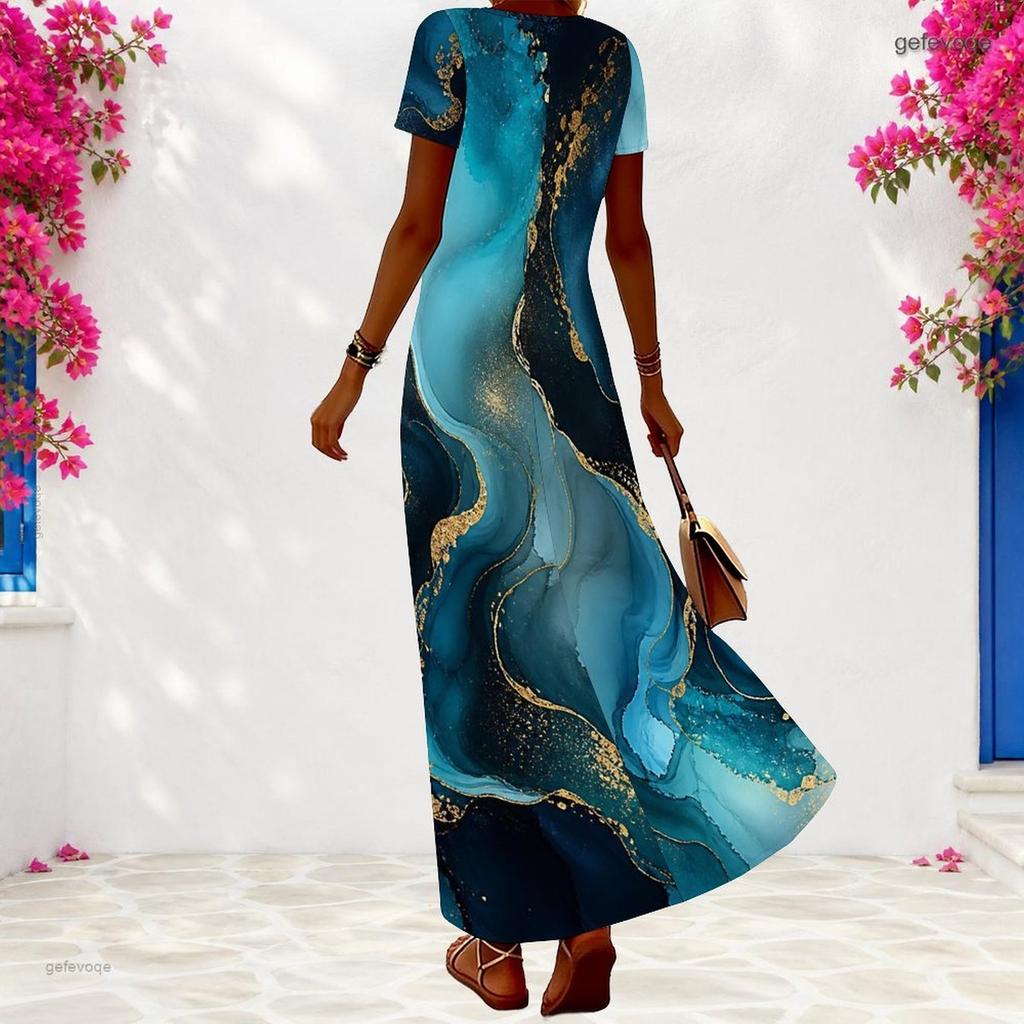 Women Plus Size V Neck Short Sleeve Black Printed Maxi Dress