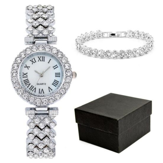 

3 шт./компл. набор браслетов для часов с блестящими стразами, кварцевый механизм, точное время, регулируемый ремешок, изысканное гальваническое украшение из нержавеющей стали, роскошное украшение на запястье серебряный