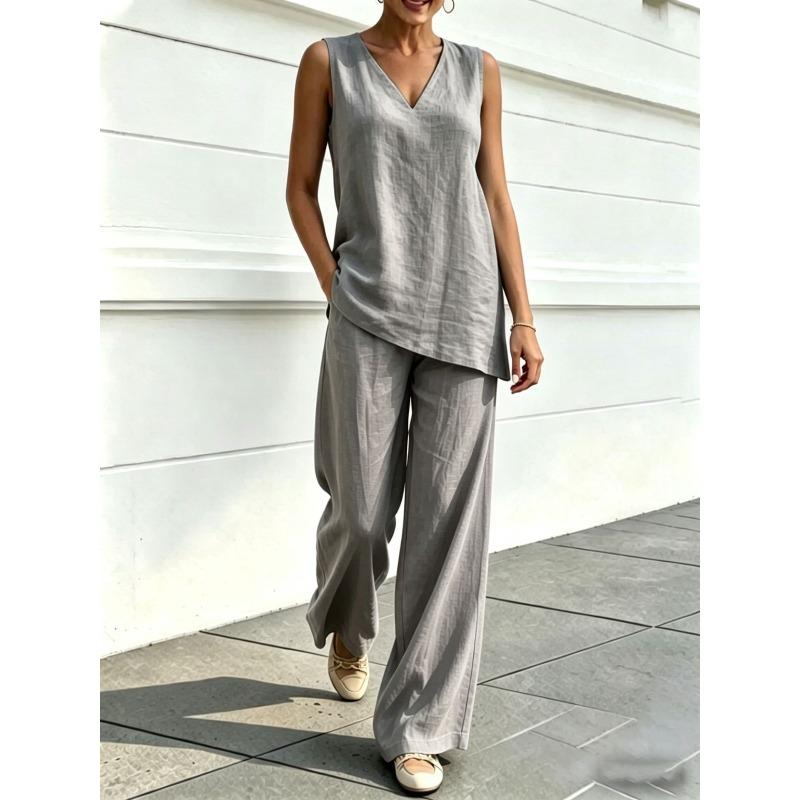 PEYWOW Costume de pantaloni casual de modă pentru femei, fără mâneci, cu decolteu în V
