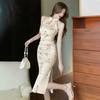 Light Sexy Improved Cheongsam Dress High Waist Slim Fit Waist Print Split Fork Disc Buckle Off-the-shoulder Dress Women's Summer