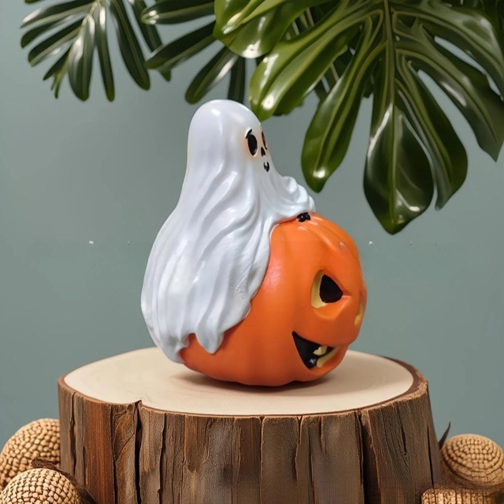 Spooky Cute Ghost on Pumpkin Resin Figurine - Halloween Home Decor, Tabletop Ornament, Gift for Festival Part