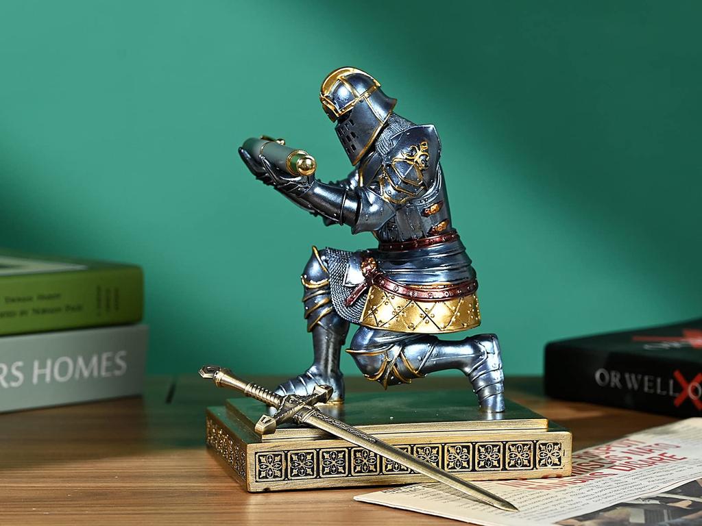 HDMbigmi King's Guard Knight Pen Holder, Pen Stand, Desk Organizer Accessories, Resin Pencil Holder Gift with Metal Sword Letter Opener for Office or