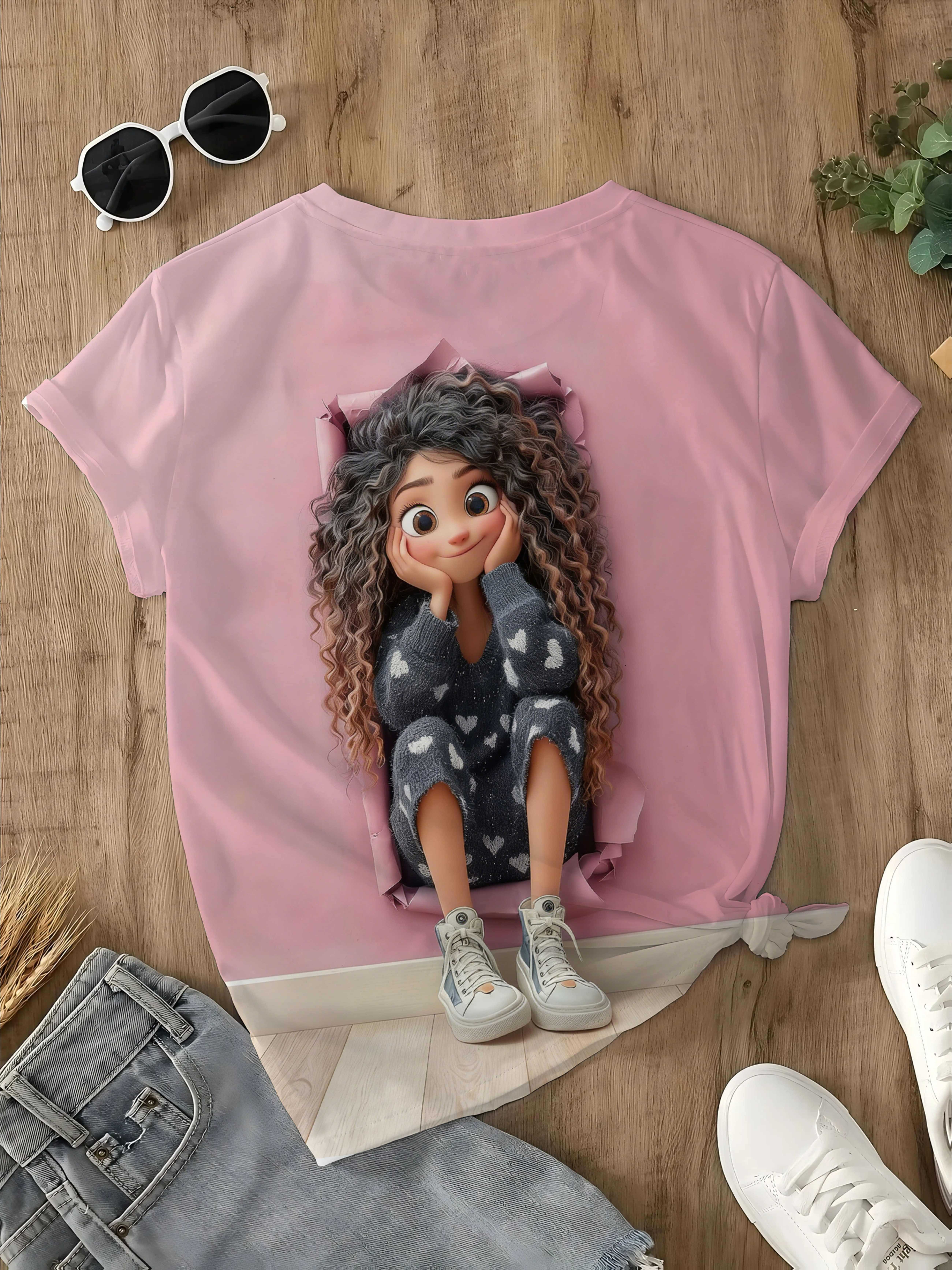 

New Women S T-Shirt - [Printed Design - Non-Real Texture] Round Neck Light Pink Torn Paper Visual Curly T-Shirt Face-Resting Expression And Hear M дубильная кора