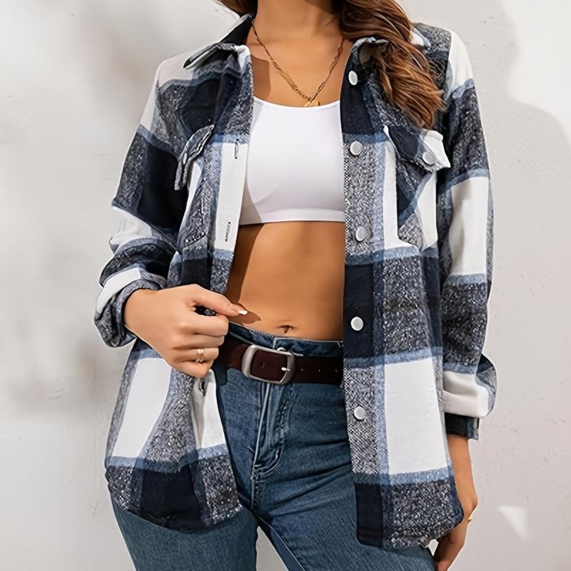 

2025 Women s Flannel Plaid Long Sleeve Shirt S синій