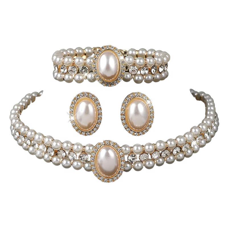 Vintage Pearl Rhinestone Bridal Necklace Earrings Set Cheongsam Neck Chain Collarbone Chain Set Multi-layer Pearl Jewelry Women