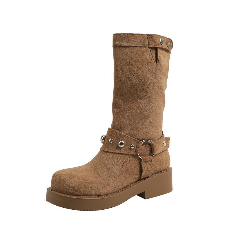 New spot British style thick heel Martin boots women's 2025 new western stacking boots metal buckle versatile thick bottom