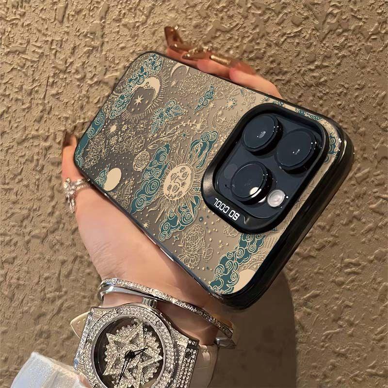 Retro Style Sun Moon Stars Art Phone Case for iPhone 17 16 15 14 13 12 11 Series Pro Max Plus Double Layer Protection