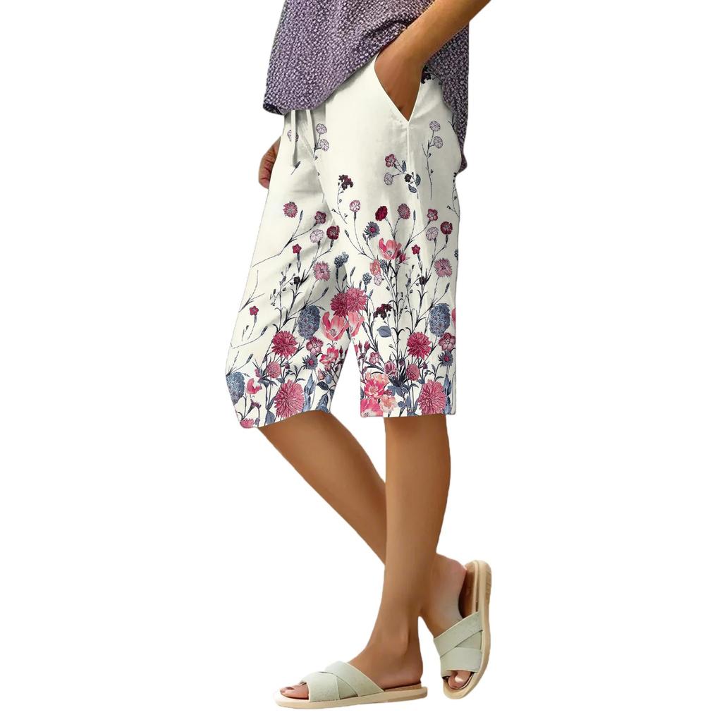 Women's Summer Elasticated Tie Waist Floral Cotton & Linen Loose Shorts