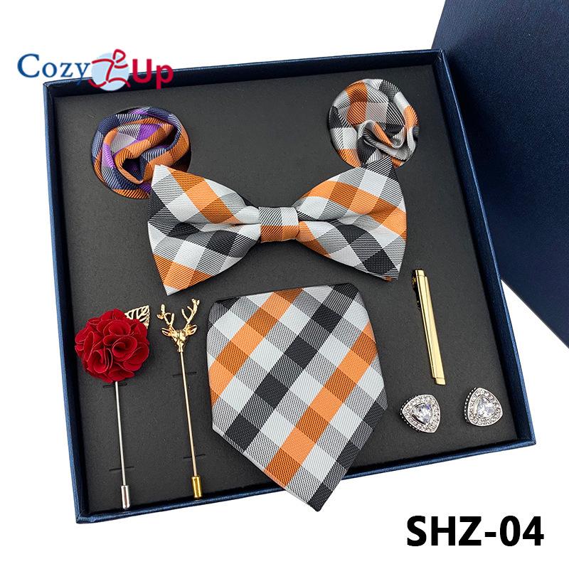 7 KS Klasická pánská kravata sada Paisley Stripe kravata pro muže Kapesní čtvercový motýlek Brož manžeta Dárková krabička ke Dni otců