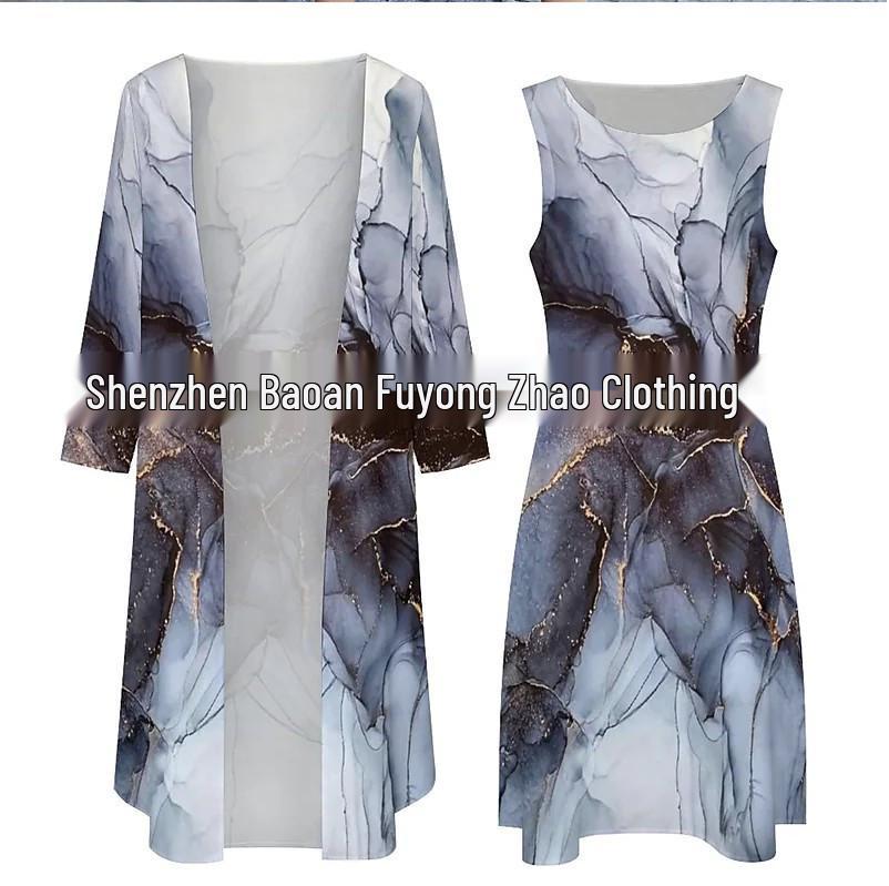 Women's Chiffon Print Round Neck Two-Piece Autumn Dress - Loose Fit