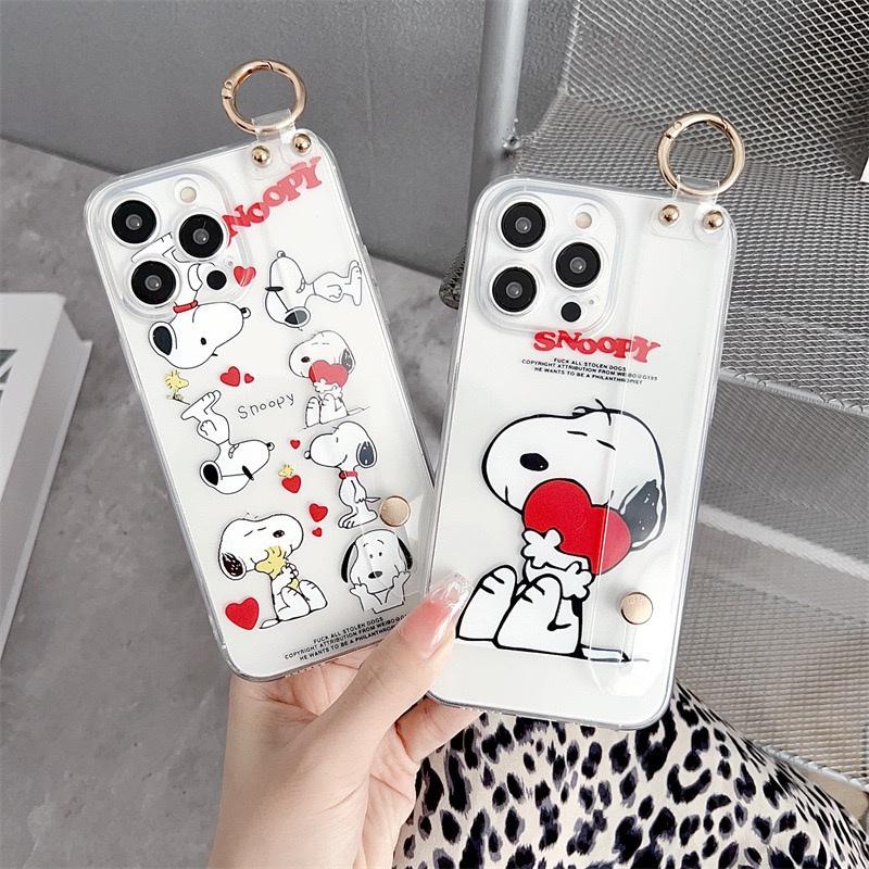 Cute Cartoon Snoopy 3D Love Heart Lanyard Wrist Strap Stand Clear TPU Phone Case For iPhone 11 12 13 14 15 16 Pro Max Plus Cover