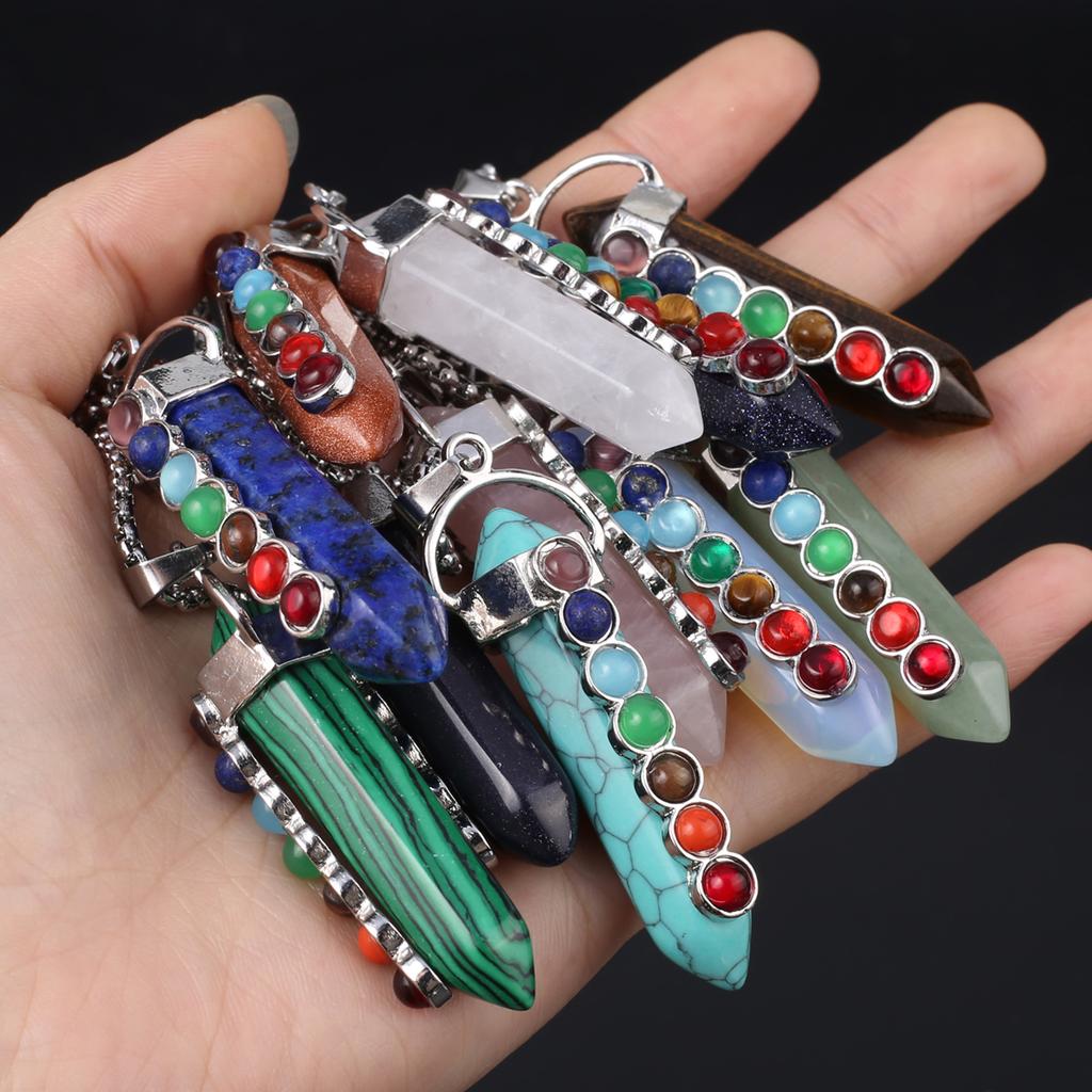 1Pc, Spiritual Healing Crystal Pendant Necklace, Geometric Double-pointed Hexagonal Pyramid Inlaid Seven Chakra Gems Charms Necklaces for Women Men