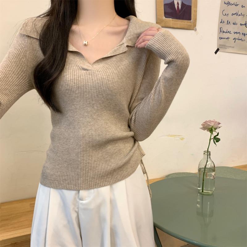 A Short Drawstring Waist Polo Collar Long-sleeved Knitted Sweater Women's Spring and Autumn Bottoming Shirt Top