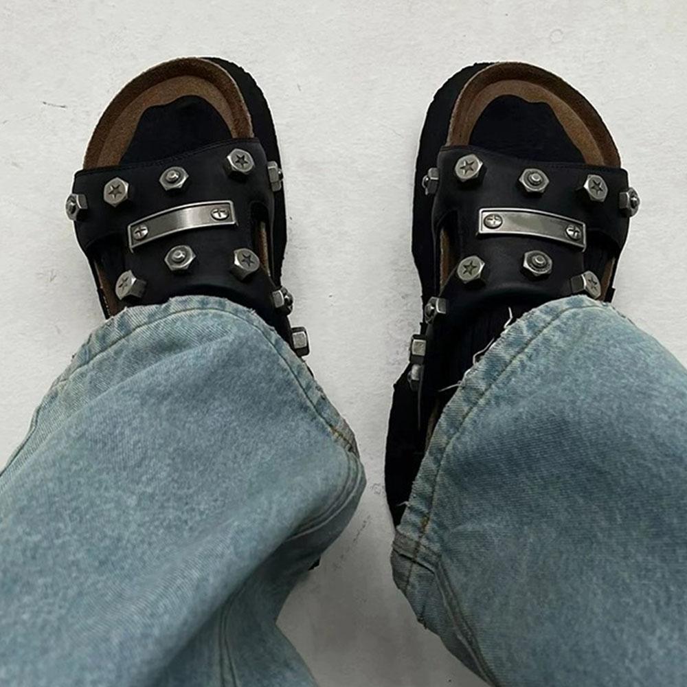 Punk Chunky Heels Mule Slipper Sandals For Women Rivet Platform Slide Sandals Open Toe Summer Street Motorcycle Sandals Shoes