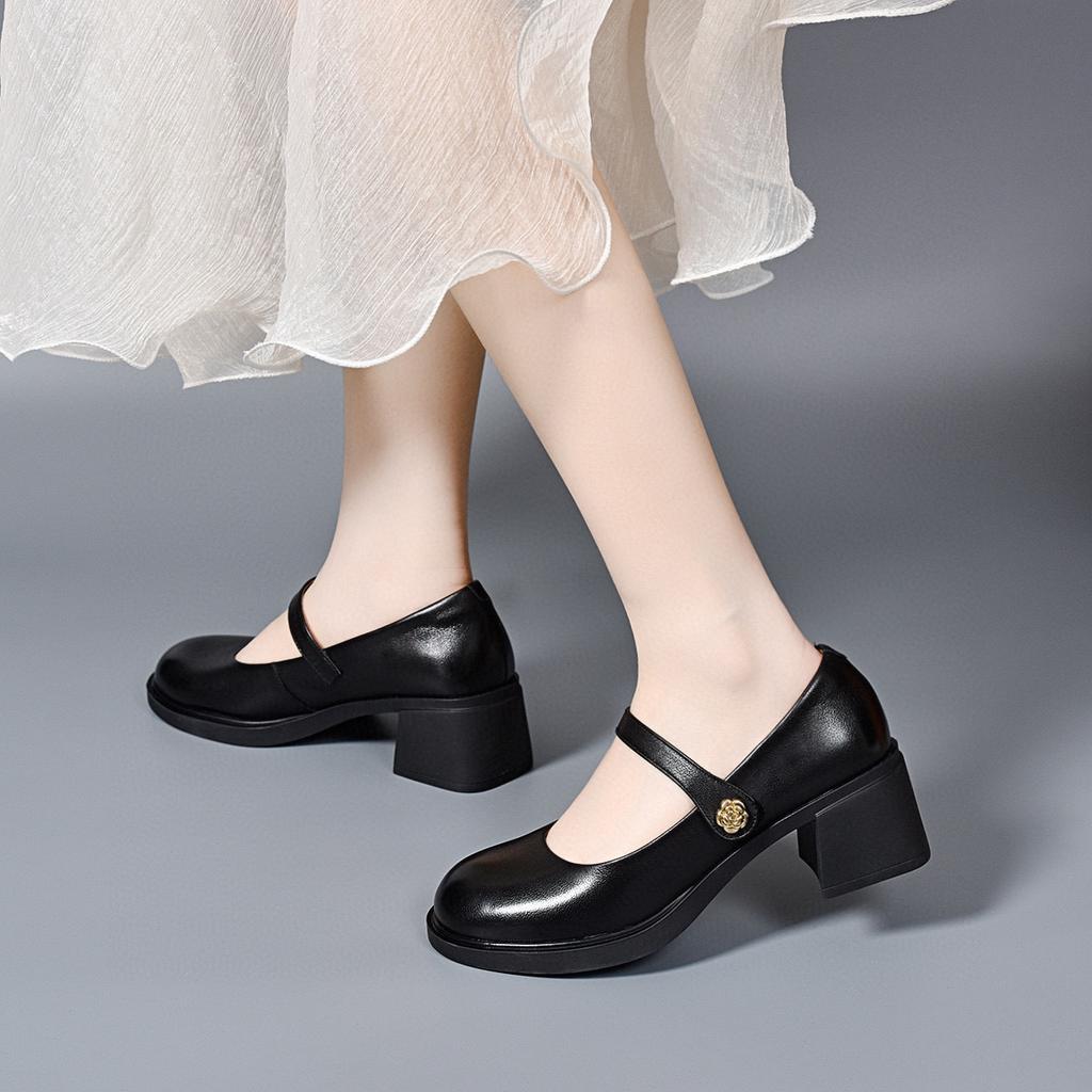 Round Head Mary Jane Shoes Women's Spring and Summer New Light Mouth One-word Thick Heel Single Shoes Four Seasons College Style High Heels