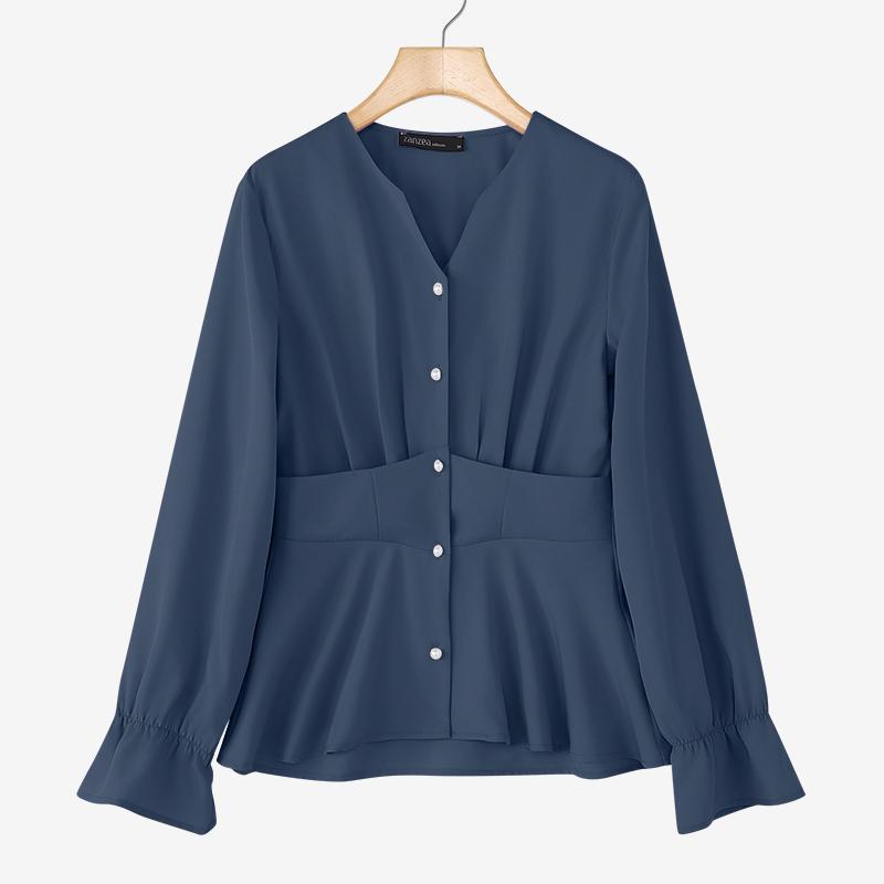 

ZANZEA Женская повседневная блузка с V-образным вырезом, свободного кроя, однотонная, с длинным рукавом 3XL темно-синий