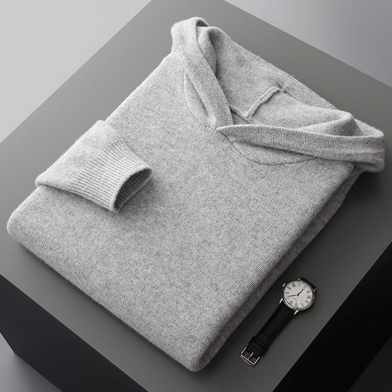 Men's 100% Pure Wool Knit Hoodie - Long Sleeve Solid Color Pullover for Autumn/Winter