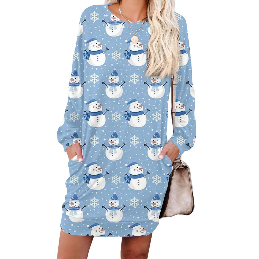 Damska modna sukienka z długim rękawem, z okrągłym dekoltem i kieszenią, w nadruk płatków śniegu