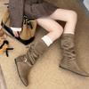New Women's Autumn and Winter Height-increasing Shoes, Pleated Shoes, Round-toed Buckle Mid-calf Boots