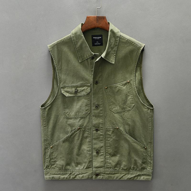 Gilet cargo style rétro coréen pour homme Veste de pêche Gilet Multi-poches Veste sans manches 100% Coton Gilet décontracté Homme