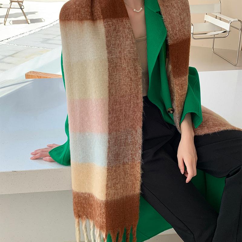 Winter New Scarf Women's Winter Thickened Warm Scarf Colored Plaid Fringed Scarf Shawl Fashionable Outer Cover