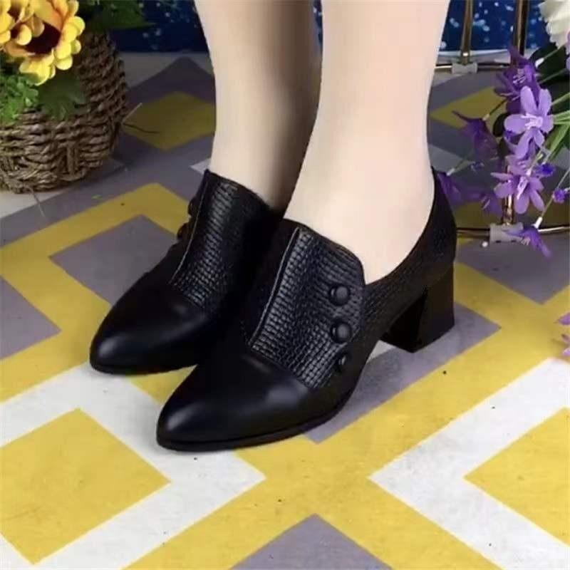 Medium Heel Black Work Thick Heel Small Leather Shoes Women's 2025 Spring and Autumn New Comfortable Mother Shoes Versatile Medium Heel Shoes Sing
