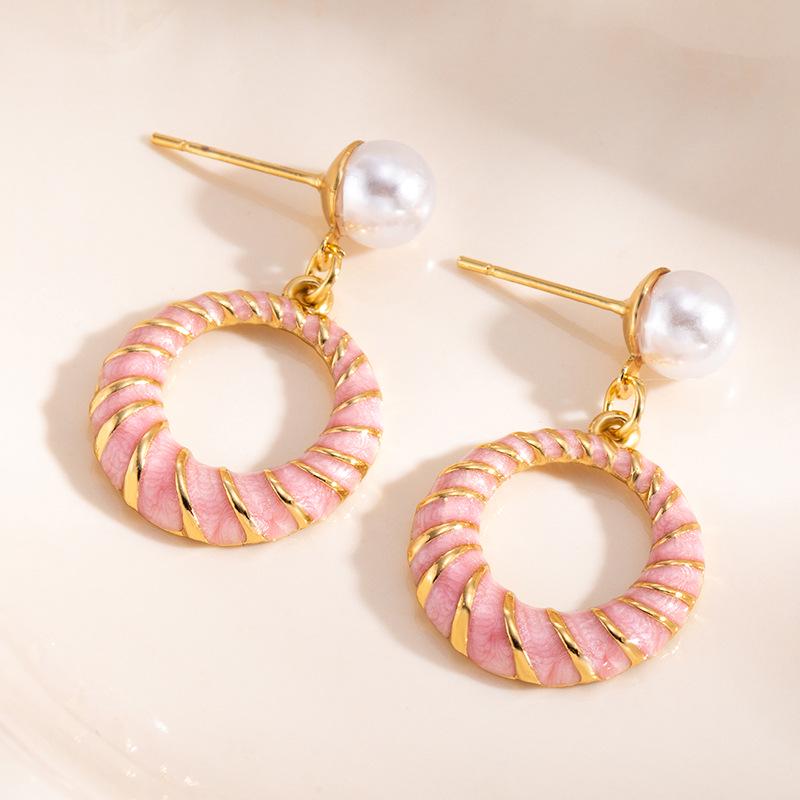 Colorful Stainless Steel Pearl Hollow Stud Earrings for Women - High-Grade Titanium Steel.