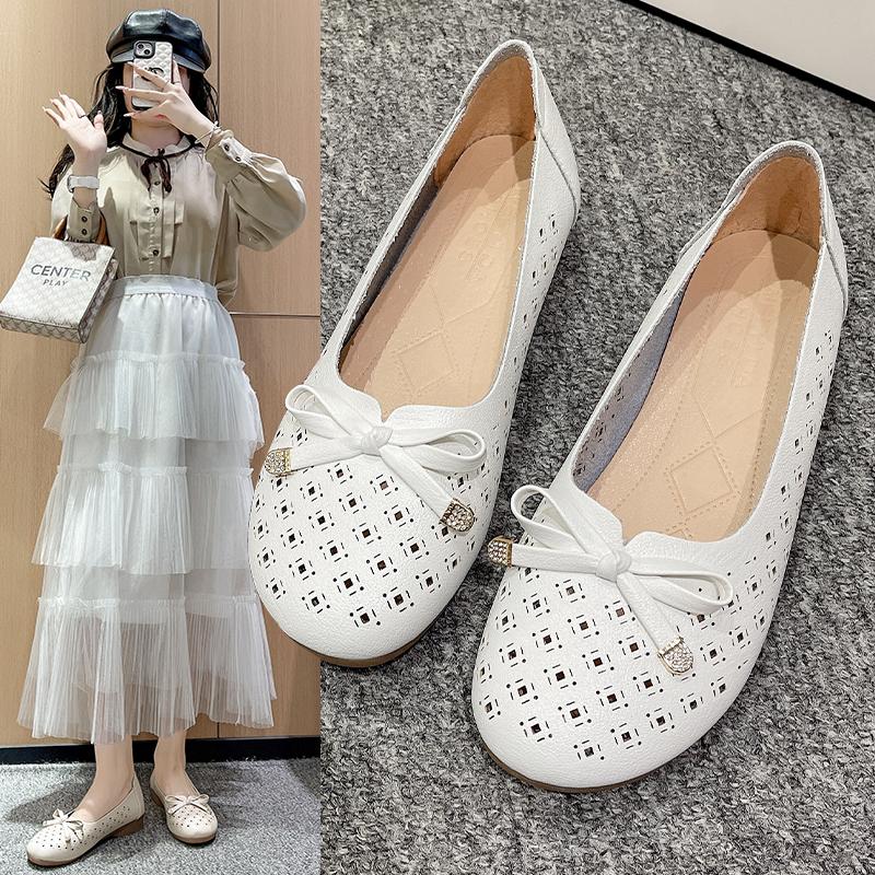 Fashion 2025new Spring PU Leather Solid Color Hollow Breathable Mother's Shoes Comfortable Round Head Fashion Bow Decoration Women Shoes