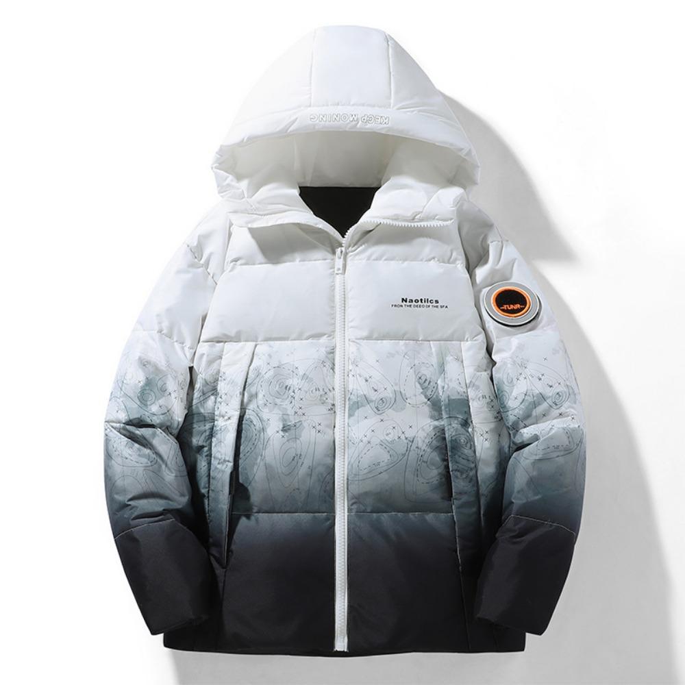 New down jacket men and women with the same couple short hooded snow mountain gradual change color