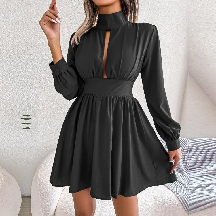 Sexy High Waist Hollow Out Swing Dress for Women Solid Color Large Size Autumn Winter Fashion