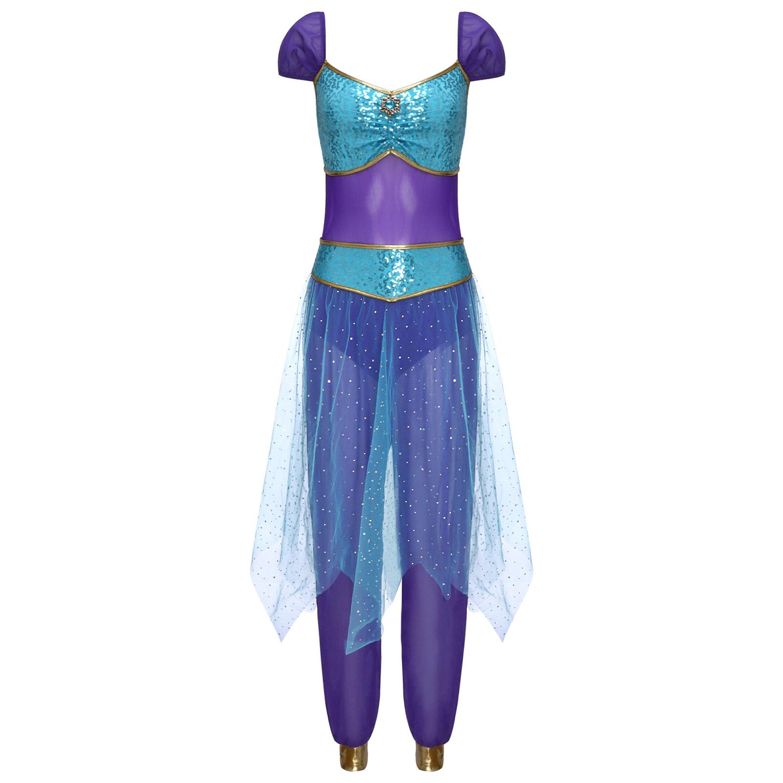 

Womens Arab Princess Costume Contrast Color Gem Decor Sequined Tulle Overlay Sleeveless Jumpsuit Belly Dance Romper S синій
