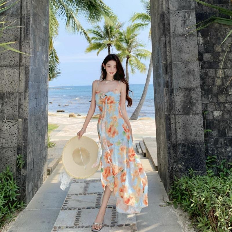 European and American Style Women's Clothing Spring and Summer New Sexy Printing Neck Strap Mesh V-neck Dress Women