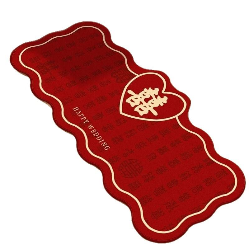 Thick Red Wedding Bedside Rug - Non-slip Festive Floor Mat for Bridal Room